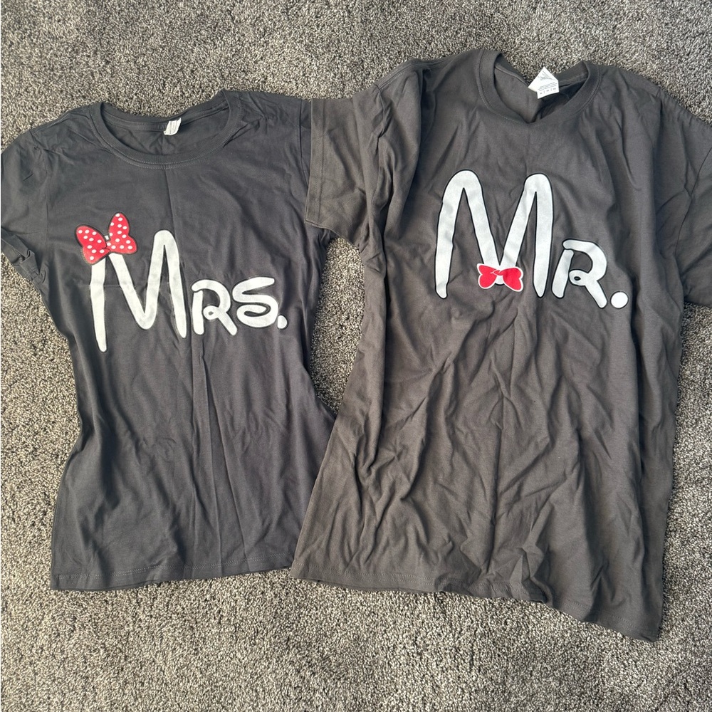 Mr. and Mrs. Matching T-Shirts with Red Bow